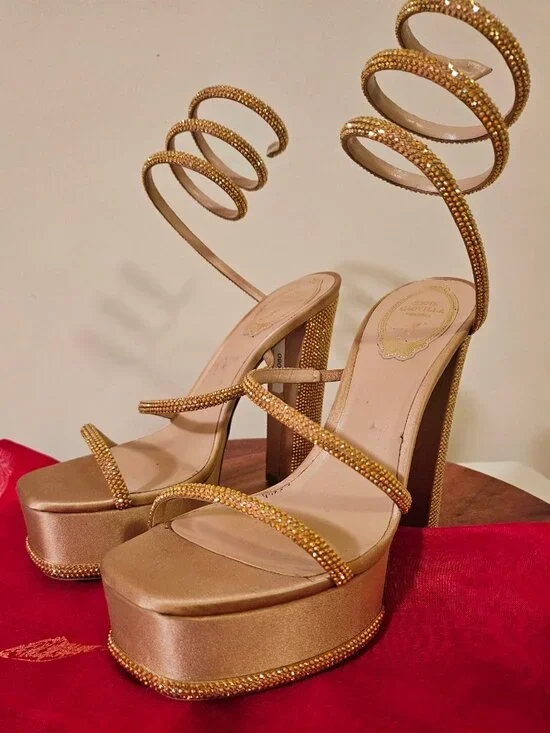 Rene Caovilla 38.5 Cleo Gold Platform Crystal Wrap Strap Sandal Block Heel Pump - Picture 7 of 12